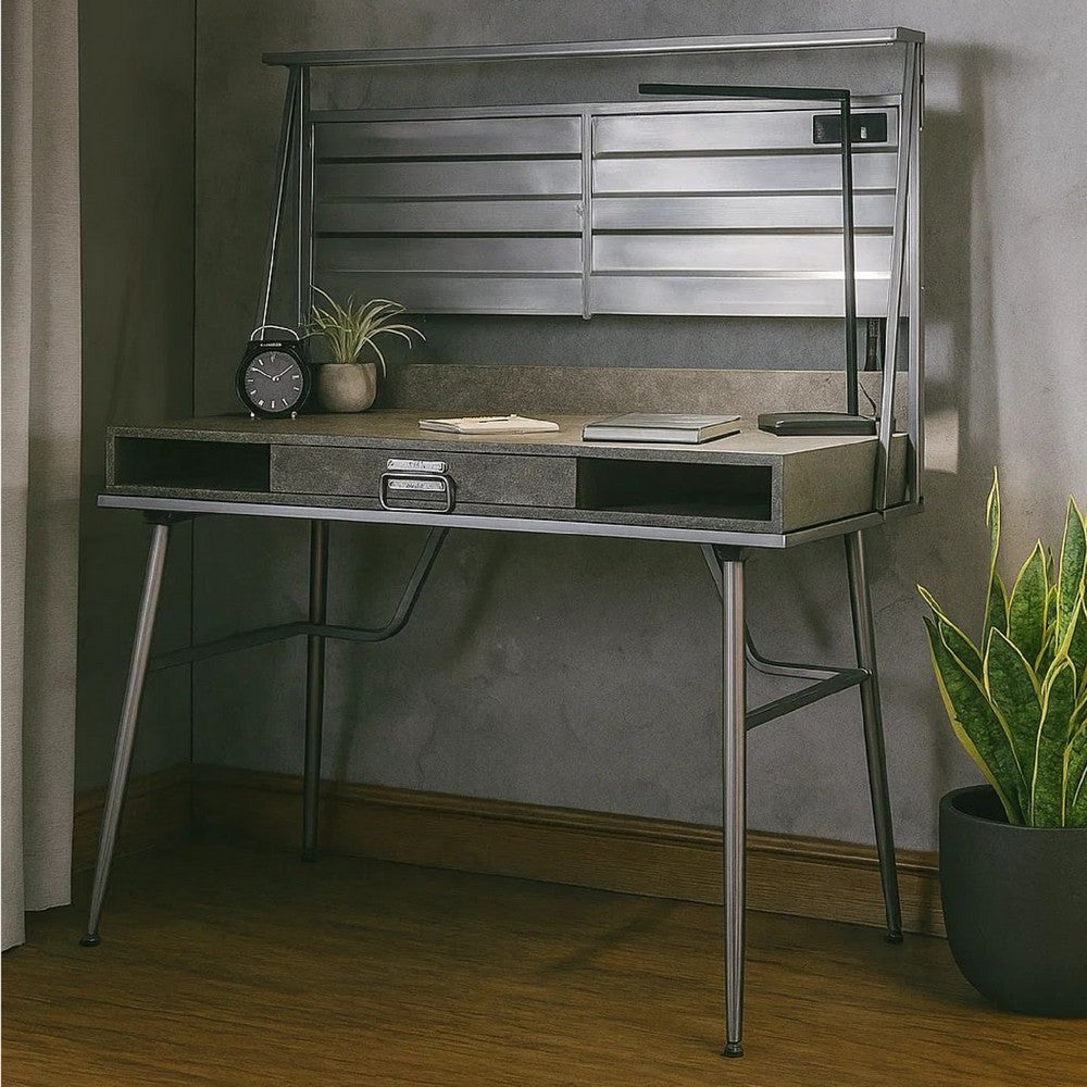 Corrugated Back Metal Frame Desk with USB Docks, Gray and Silver