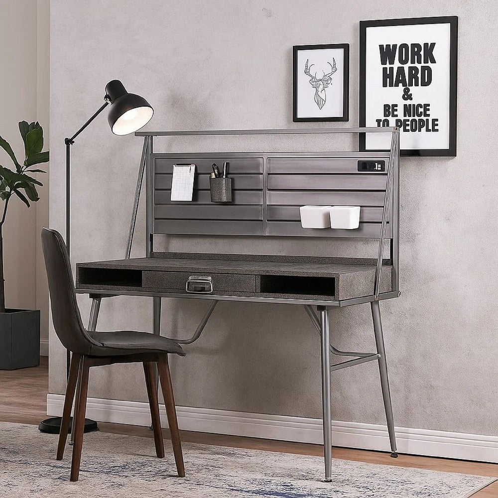 Corrugated Back Metal Frame Desk with USB Docks, Gray and Silver