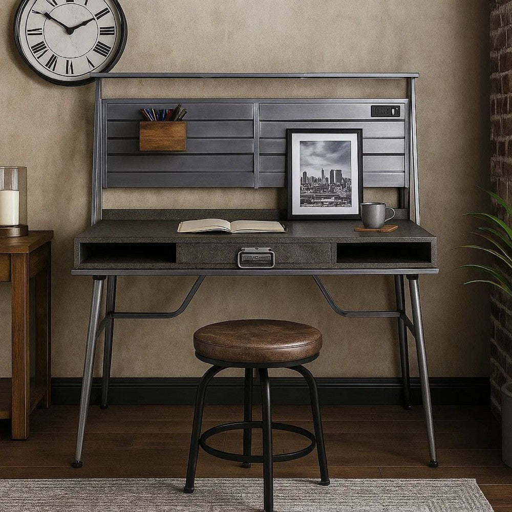 Corrugated Back Metal Frame Desk with USB Docks, Gray and Silver