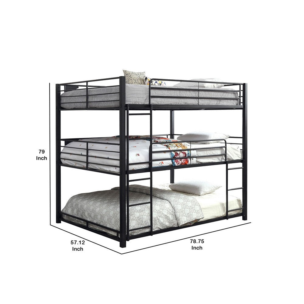Industrial Style Queen Triple Decker Bunk Bed with Ladder Black By Casagear Home BM207362