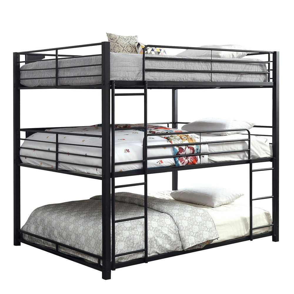 Industrial Style Queen Triple Decker Bunk Bed with Ladder, Black By Casagear Home