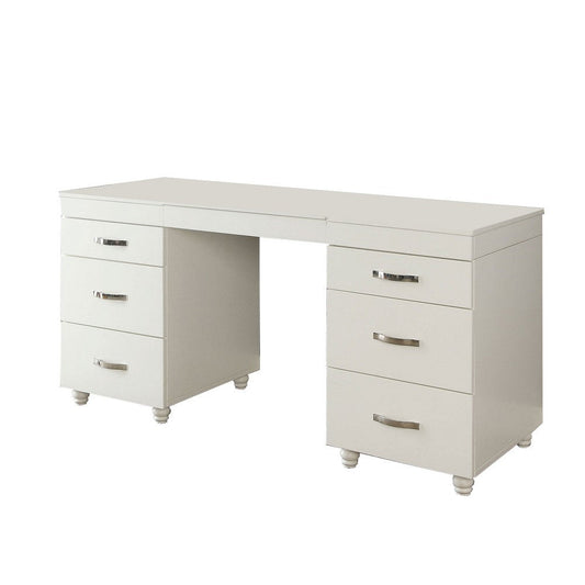 Contemporary 6 Drawer Vanity Desk with Lift Top Mirror, White By Casagear Home