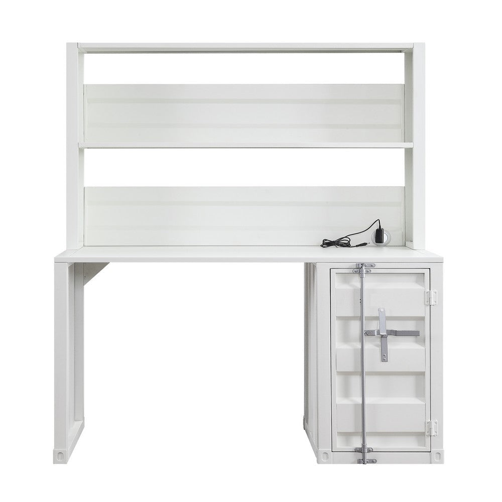 Metal Base Desk and Hutch with Slated Pattern and Storage Compartment White BM207433