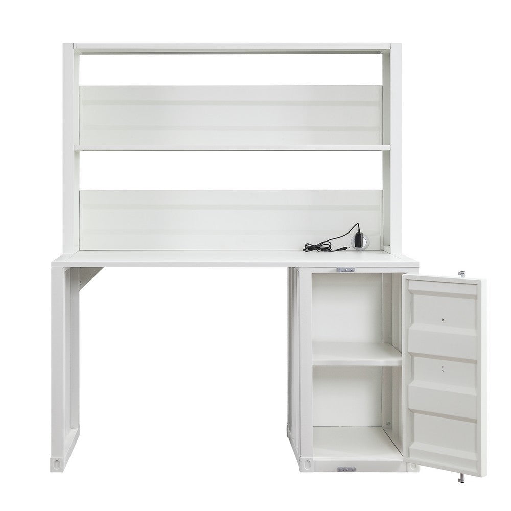 Metal Base Desk and Hutch with Slated Pattern and Storage Compartment White BM207433