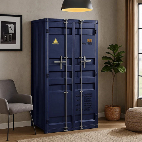 Metal Base Double Door Storage Wardrobe with Slated Pattern, Blue