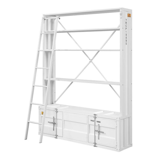 Metal Base Bookshelf and Ladder with 2 Extra Storage Compartments, White