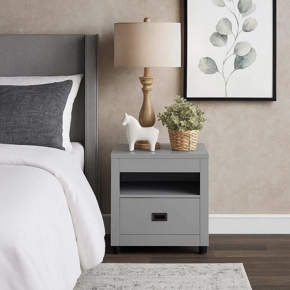 Transitional Style Wooden End Table with 1 Drawer, Gray and Black