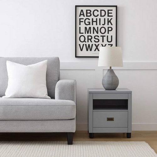 Transitional Style Wooden End Table with 1 Drawer, Gray and Black