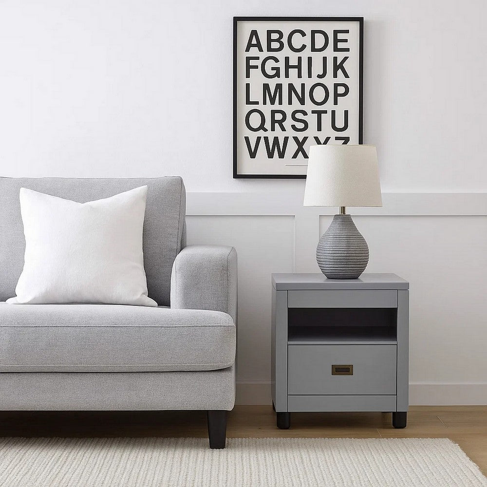 Transitional Style Wooden End Table with 1 Drawer, Gray and Black