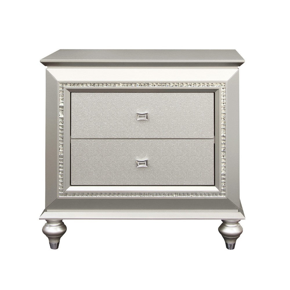 2 Drawer Spacious Nightstand with Mirror Beveled Pulls, Silver By Casagear Home
