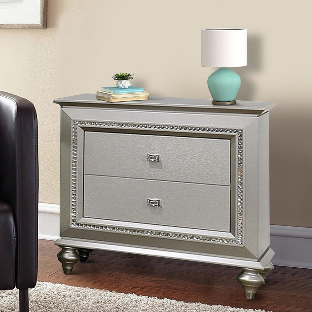 2 Drawer Spacious Nightstand with Mirror Beveled Pulls, Silver By Casagear Home