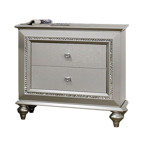 Nightstand | 2 Drawer | Mirror Beveled Pull Handles | Silver