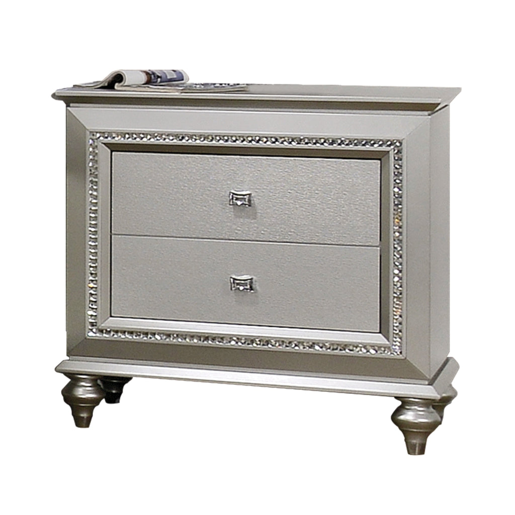 Nightstand | 2 Drawer | Mirror Beveled Pull Handles | Silver