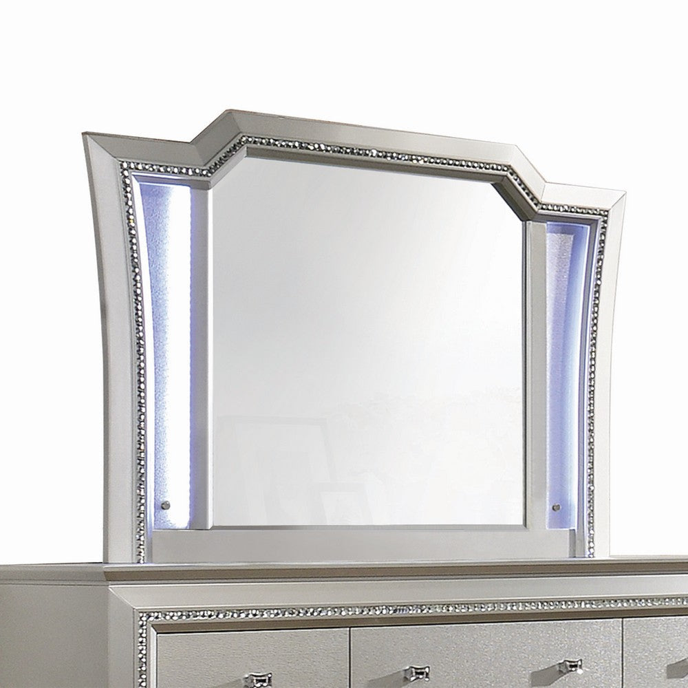 Elegant Mirror with Crystal Sparkling Trim and Led Lights Silver BM207487