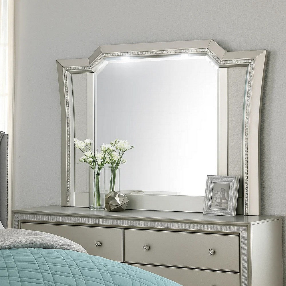 Elegant Mirror with Crystal Sparkling Trim and Led Lights, Silver