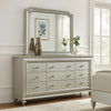 9 Drawer Spacious Desser with Mirror Beveled Pulls and Bun Feet, Silver