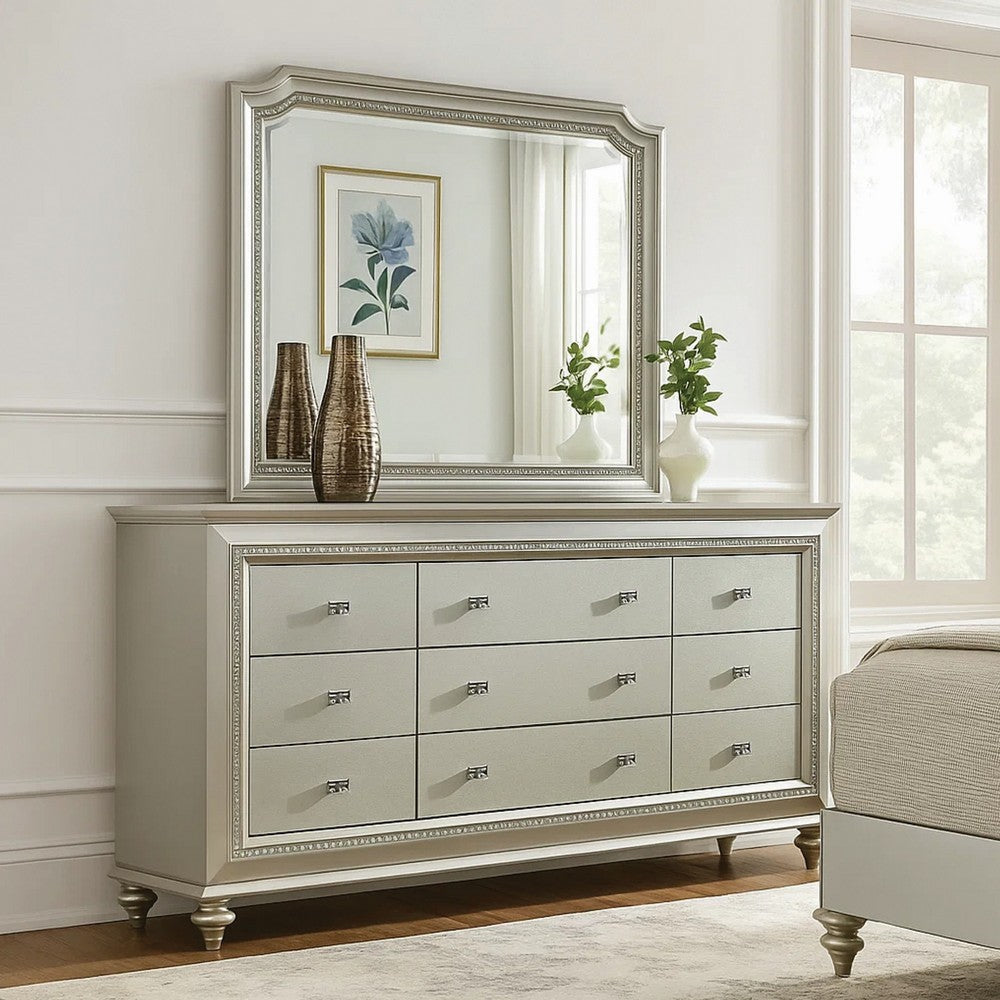 9 Drawer Spacious Desser with Mirror Beveled Pulls and Bun Feet, Silver