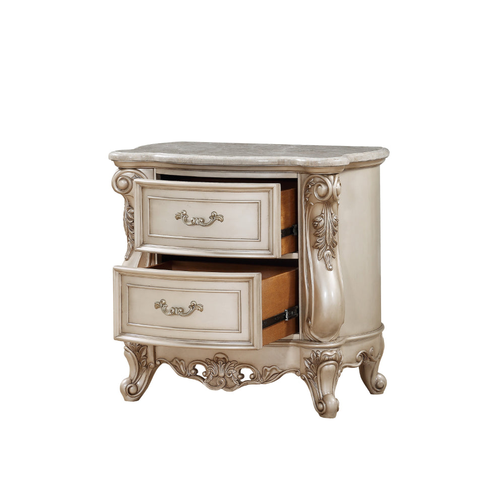 2 Drawer Nightstand With Raised Scrolled Floral Moulding, White - BM207490 By Casagear Home