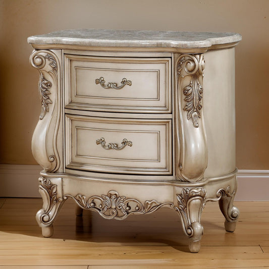 2 Drawer Nightstand With Raised Scrolled Floral Moulding, White - BM207490 By Casagear Home