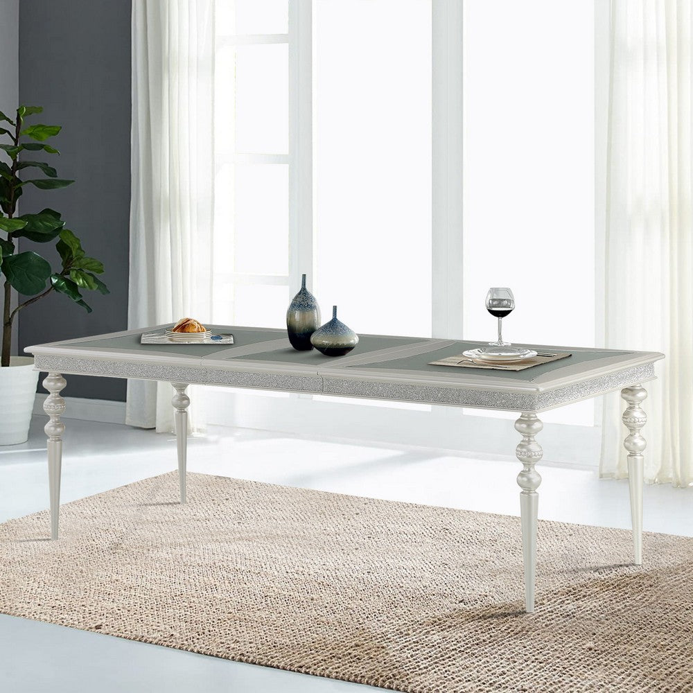 Sparkling Rectangular Dining Table with Rhinestone Inlay, Silver and Clear