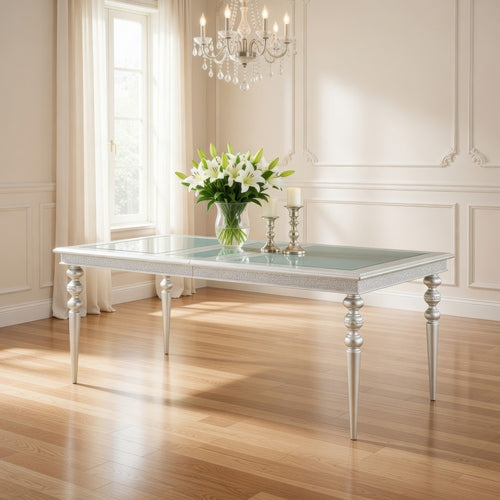 Sparkling Rectangular Dining Table with Rhinestone Inlay, Silver and Clear