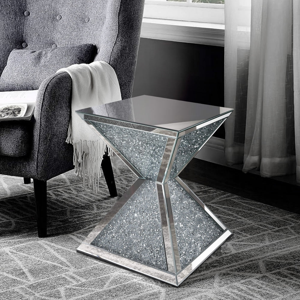 Sparkling End Table with Faux Diamonds Inlay , Silver and Clear - BM207518 By Casagear Home