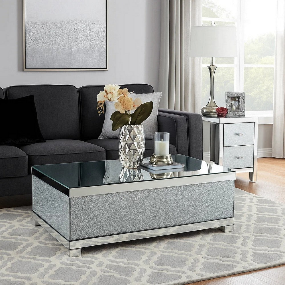 Rectangular Wooden Coffee Table with Faux Crystal Inlays, Silver