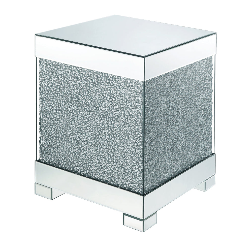 Contemporary Square Wooden End Table with Faux Crystal Inlays, Silver