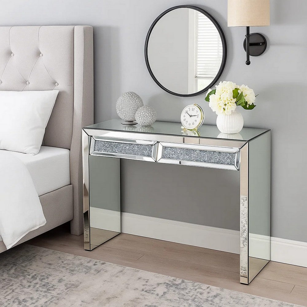 Console Table with Two Storage Drawers and Faux Diamond Inlay, Silver