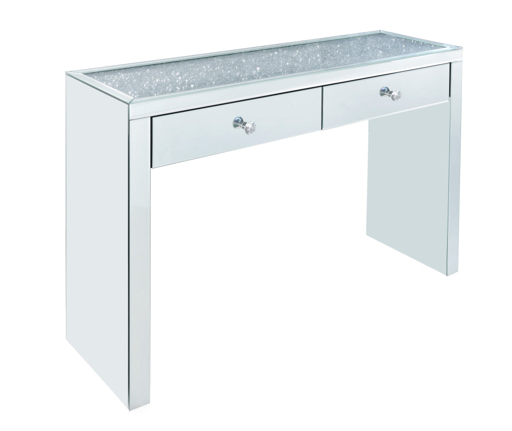 Wooden Console Table with 2 Storage Drawers and Faux Diamond Inlay, Silver