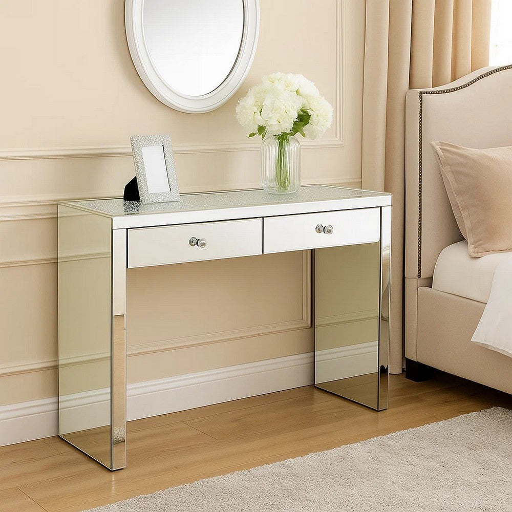 Wooden Console Table with 2 Storage Drawers and Faux Diamond Inlay, Silver
