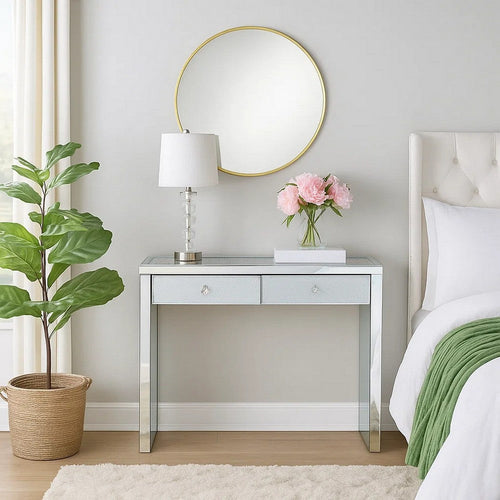Wooden Console Table with 2 Storage Drawers and Faux Diamond Inlay, Silver