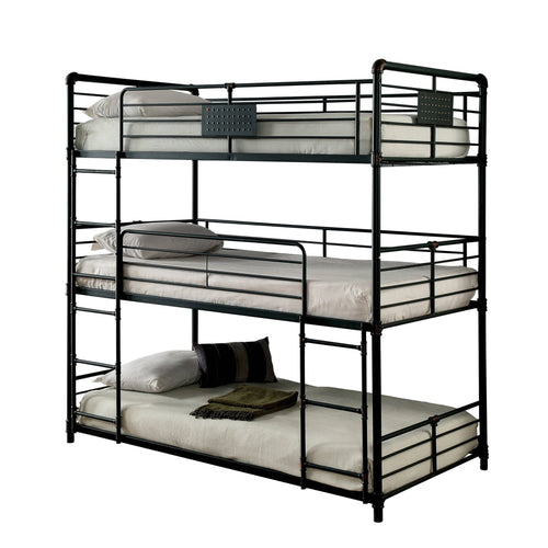 3 Tier Industrial Style Twin Size Bunk Bed with 2 Ladders, Black