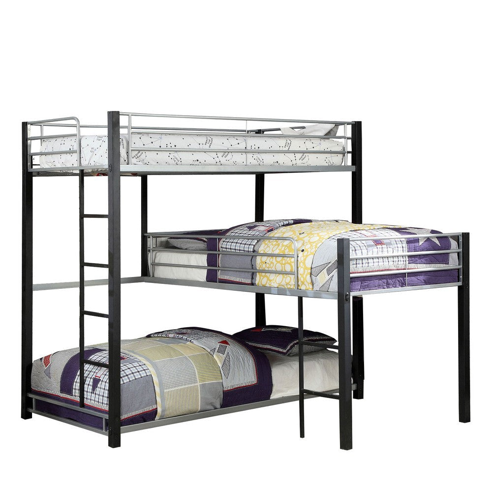 3 Tier Industrial Style Twin Bunk Bed with Corner Design, Black and Gray