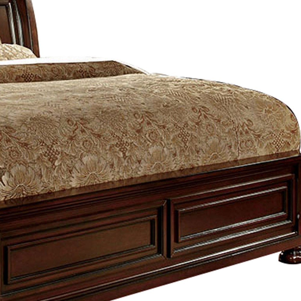 Wooden Queen Size Bed with Sleigh Headboard and Panel Design Cherry Brown By Casagear Home BM207625