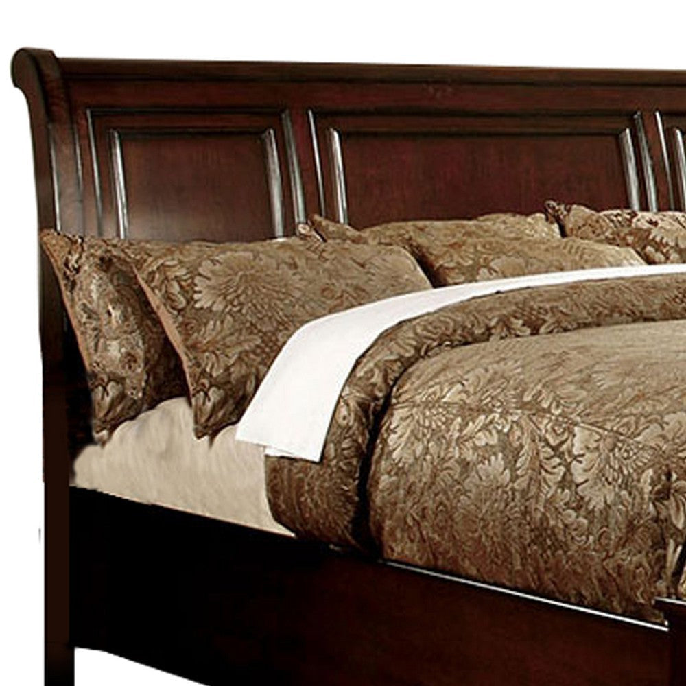 Wooden Queen Size Bed with Sleigh Headboard and Panel Design Cherry Brown By Casagear Home BM207625