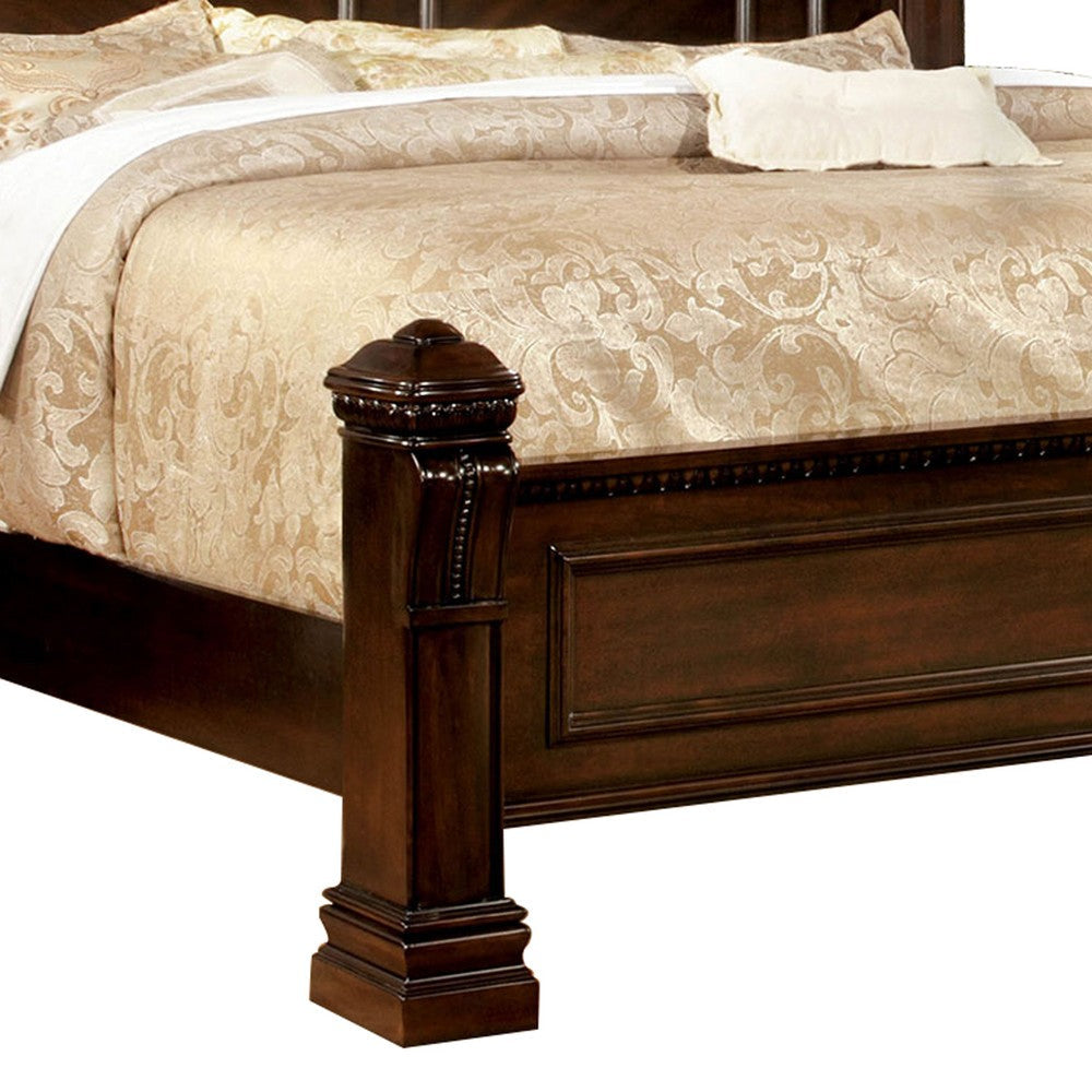 Wooden Queen Size Bed with Intricate Trimmed Headboard Brown By Casagear Home BM207647