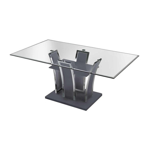 Wooden Dining Table with Pedestal Base and Chrome Trim Details, Gray