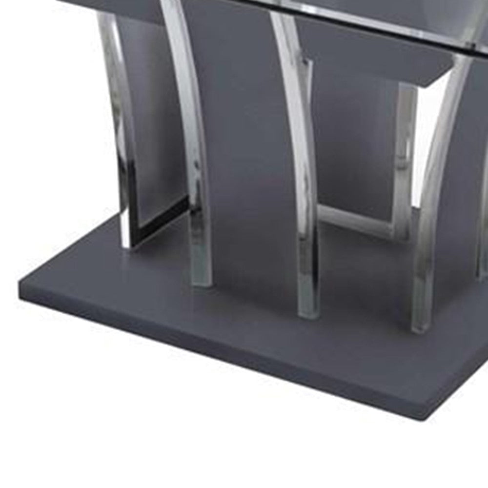 Wooden Dining Table with Pedestal Base and Chrome Trim Details Gray BM207652