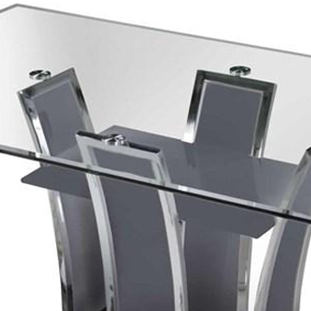 Wooden Dining Table with Pedestal Base and Chrome Trim Details Gray BM207652
