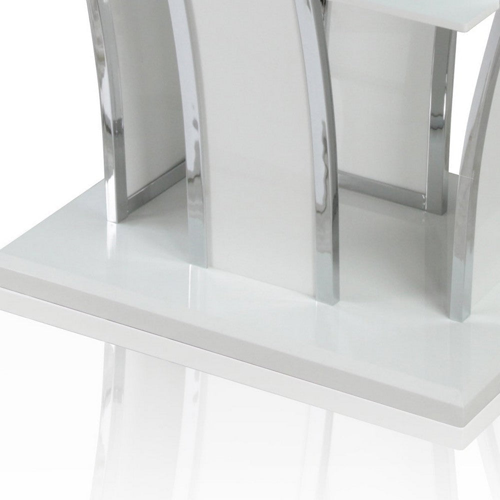 Wooden Dining Table with Pedestal Base and Chrome Trim Details White By Casagear Home BM207653