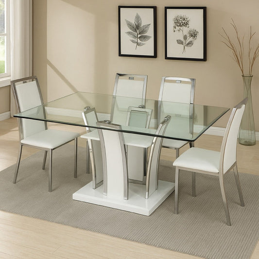 Dining Table | Pedestal Base | Chrome Trim | White