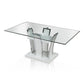 Wooden Dining Table with Pedestal Base and Chrome Trim Details, White By Casagear Home