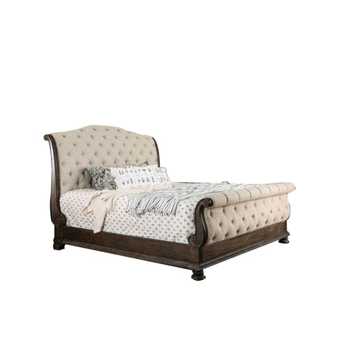 Queen Size Bed with Fabric Upholstery, Beige and Brown