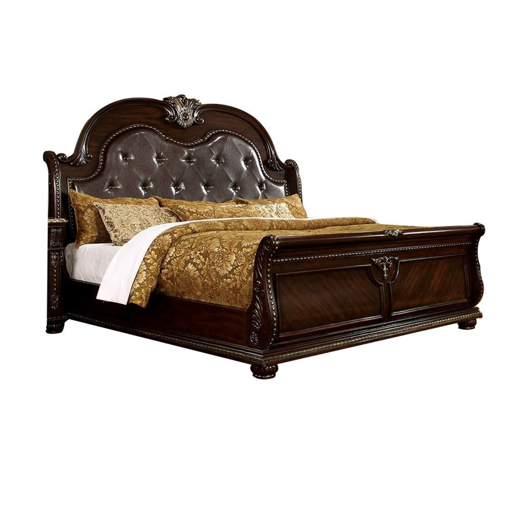 Queen Size Bed with Faux Leather Upholstery, Brown By Casagear Home