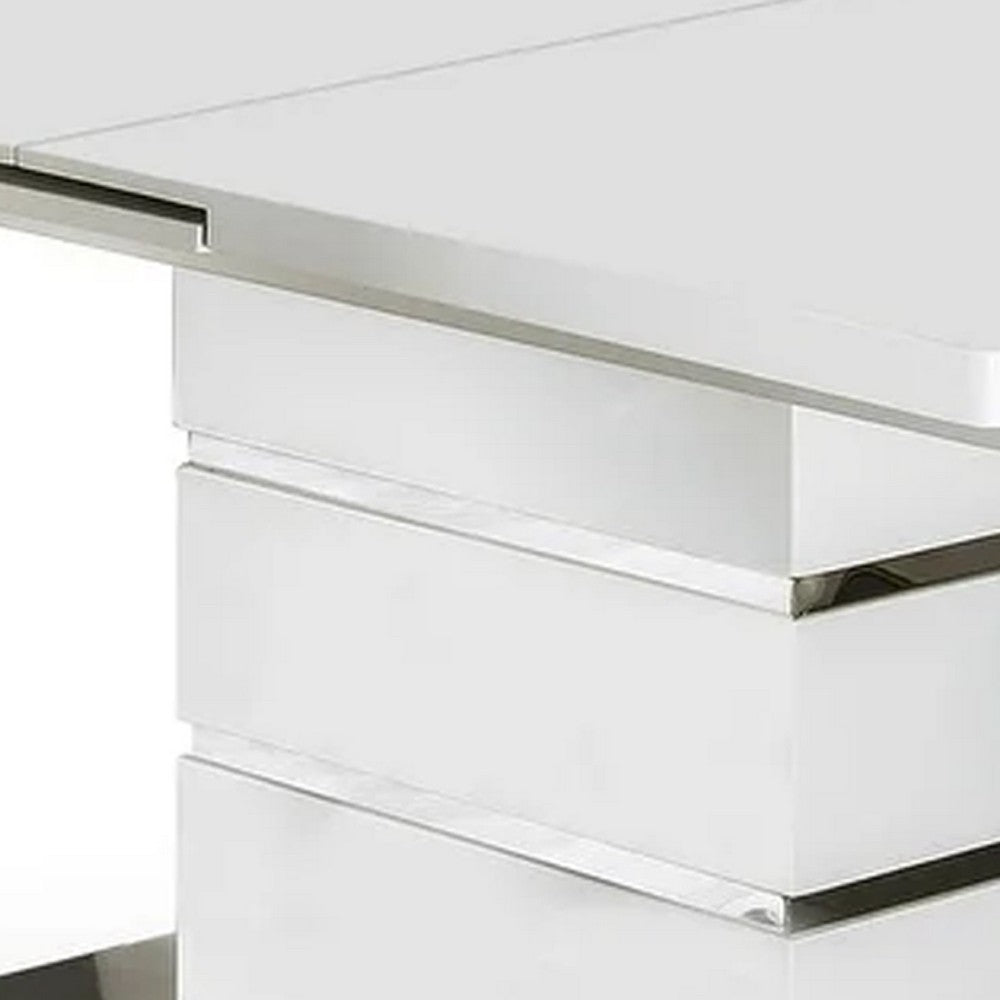 Extendable Dining Table with Metal Base, White and Silver