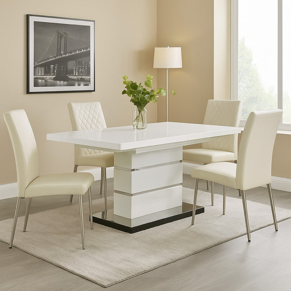 Extendable Dining Table with Metal Base, White and Silver