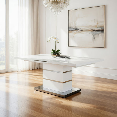 Extendable Dining Table with Metal Base, White and Silver