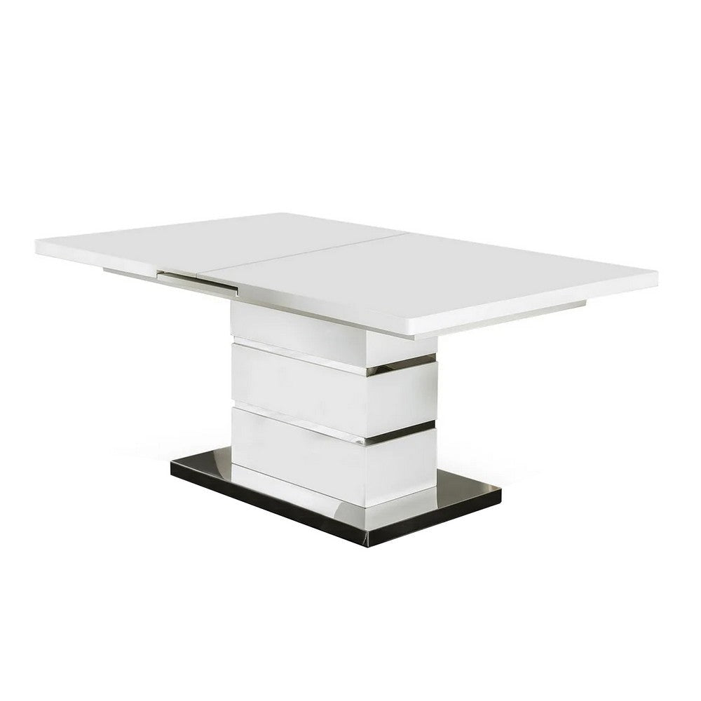 Extendable Dining Table with Metal Base, White and Silver