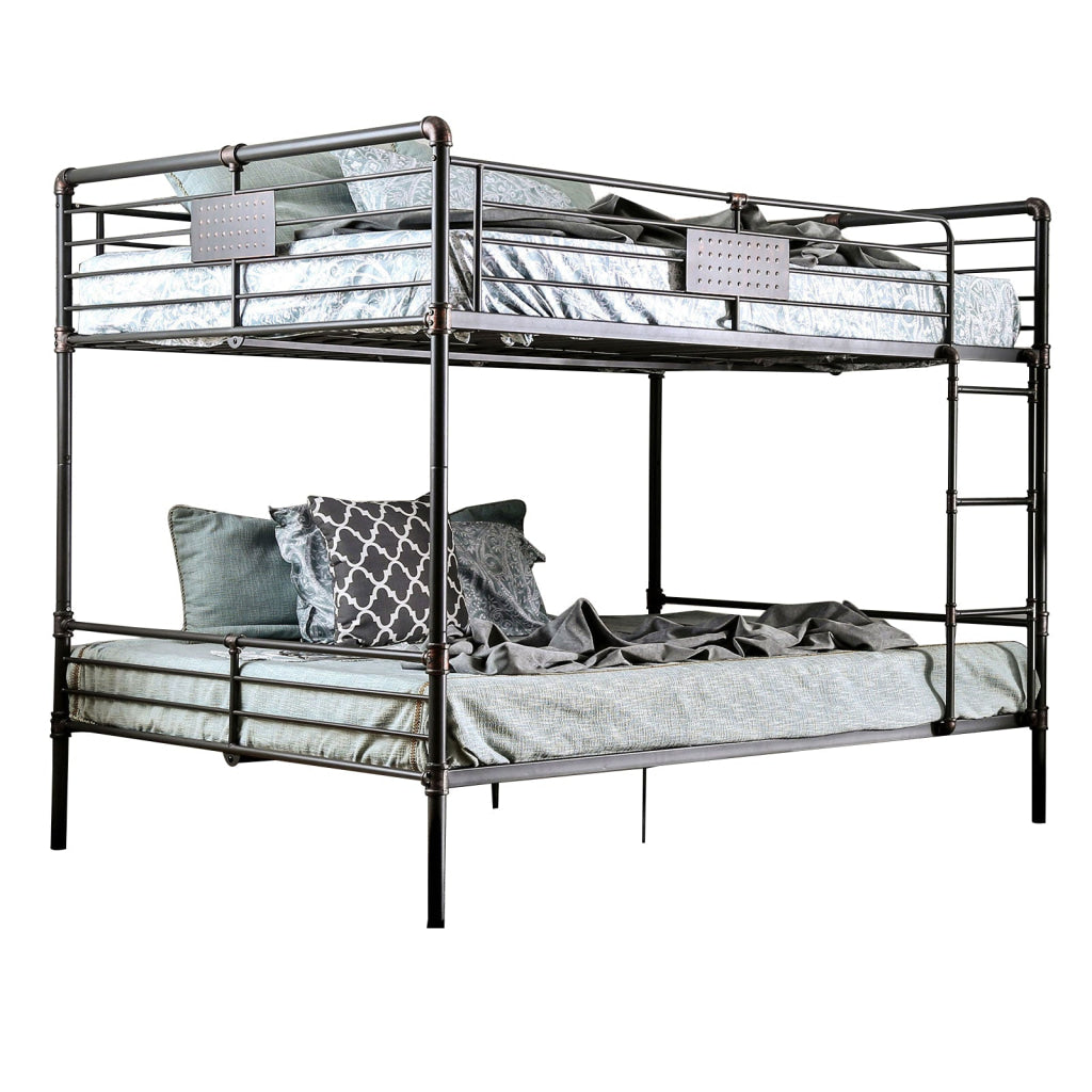 2 Tier Industrial Style Queen Size Bunk Bed with Attached Ladder, Black By Casagear Home